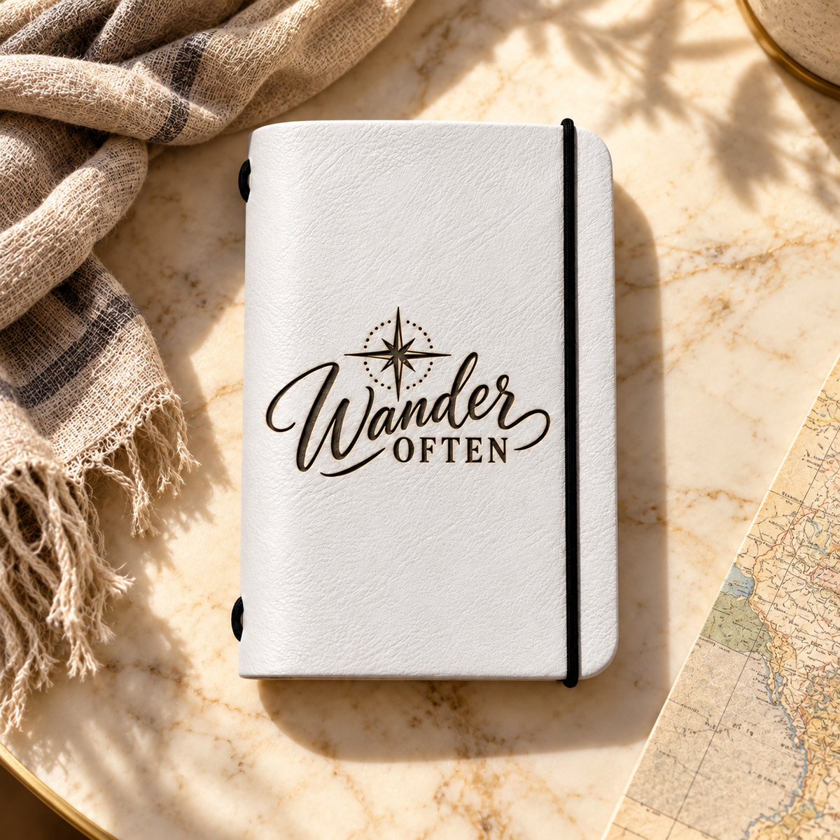 SANTJAG white leather passport holder engraved with “Wander Often” and a compass star, featuring a black elastic closure, on sunlit marble beside a beige scarf and map.