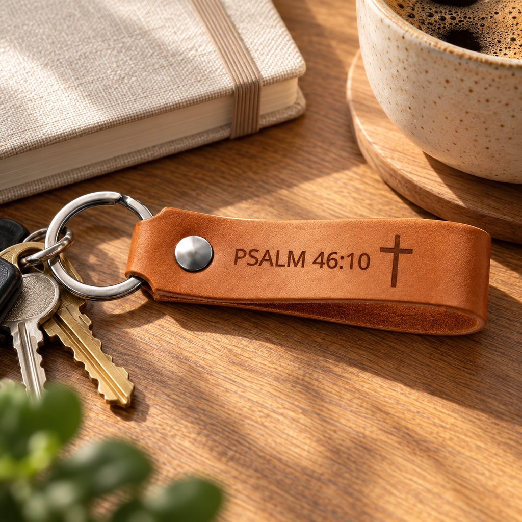 Warm-toned leather keychain engraved with Psalm 46:10 and a cross, attached to keys beside a notebook and coffee.
