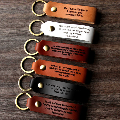 Personalized full-grain leather keychain made in USA laser engraved with Psalm 91 scripture verse and solid screw hardware ring.