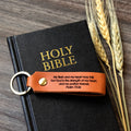 Personalized full-grain leather keychain made in USA laser engraved with Psalm 91 scripture verse and solid screw hardware ring.