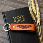 Personalized full-grain leather keychain made in USA laser engraved with Psalm 91 scripture verse and solid screw hardware ring.