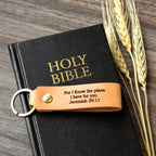 Personalized full-grain leather keychain made in USA laser engraved with Psalm 91 scripture verse and solid screw hardware ring.