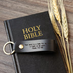 Personalized full-grain leather keychain made in USA laser engraved with Psalm 91 scripture verse and solid screw hardware ring.